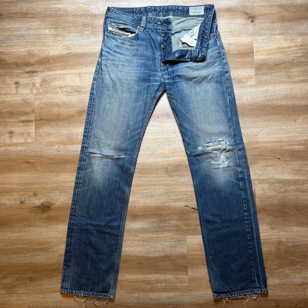 Diesel Waykee Jeans Mens 29x32 Blue Regular Straight Distressed Denim Wash 0817G